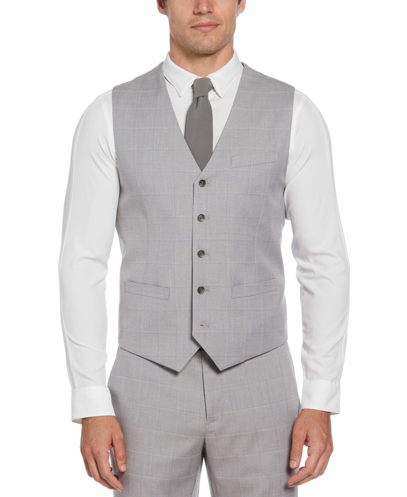 Perry Ellis Suits Felt Gray Window Pane Plaid Vest - Gray