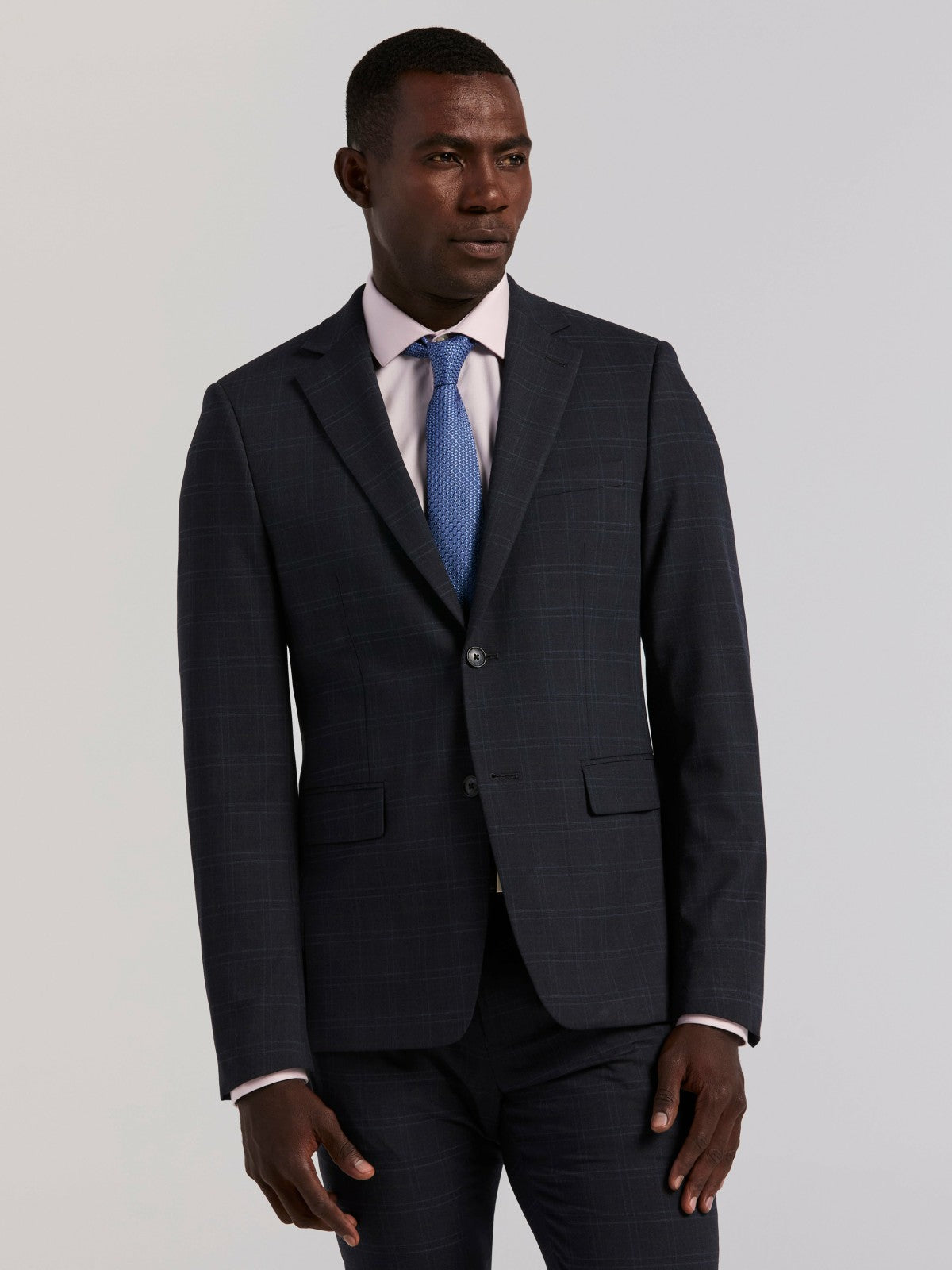 Perry Ellis Suits Skinny Fit Navy Plaid Suit Jacket
