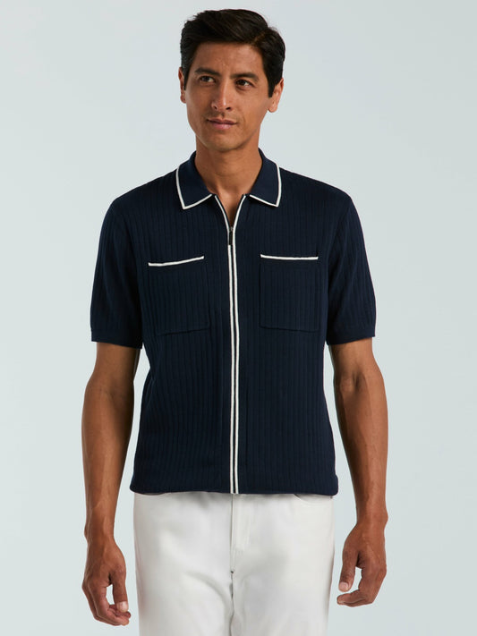 Perry Ellis Clothing Cotton Tipped Ribbed Full Zip Sweater
