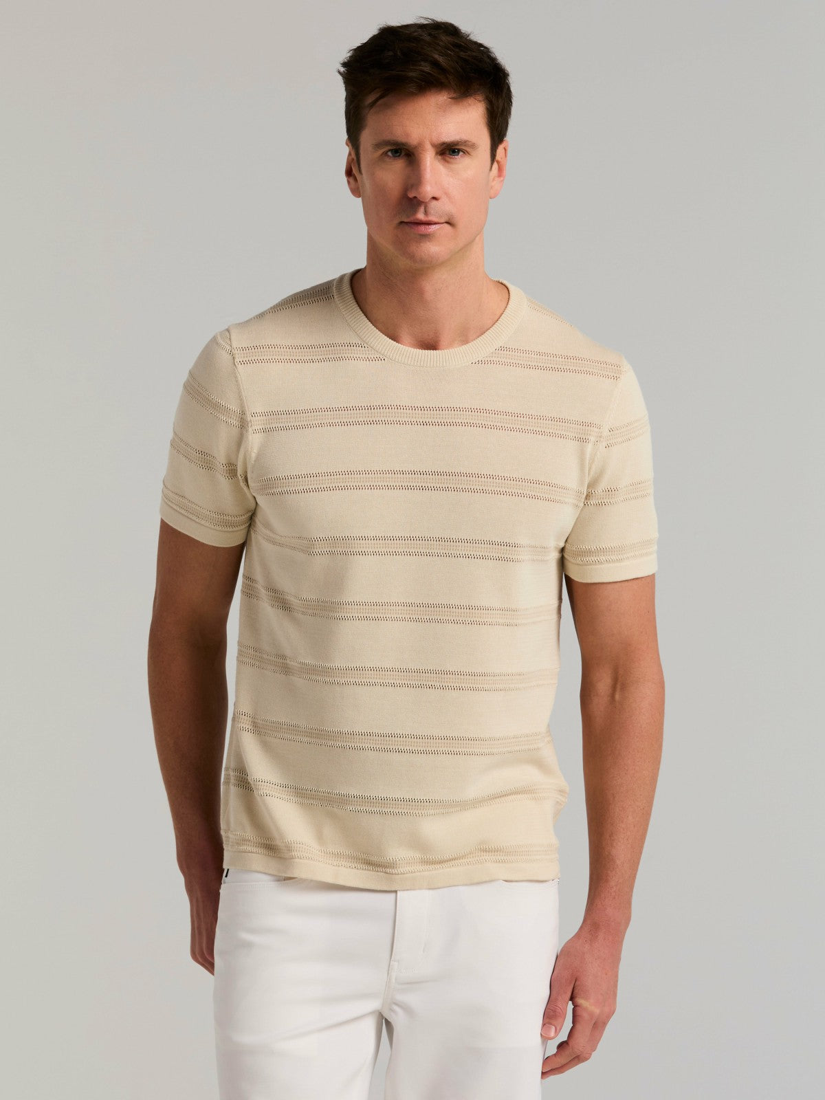 Perry Ellis Clothing Cotton Mesh Striped Crew Neck Sweater Tee