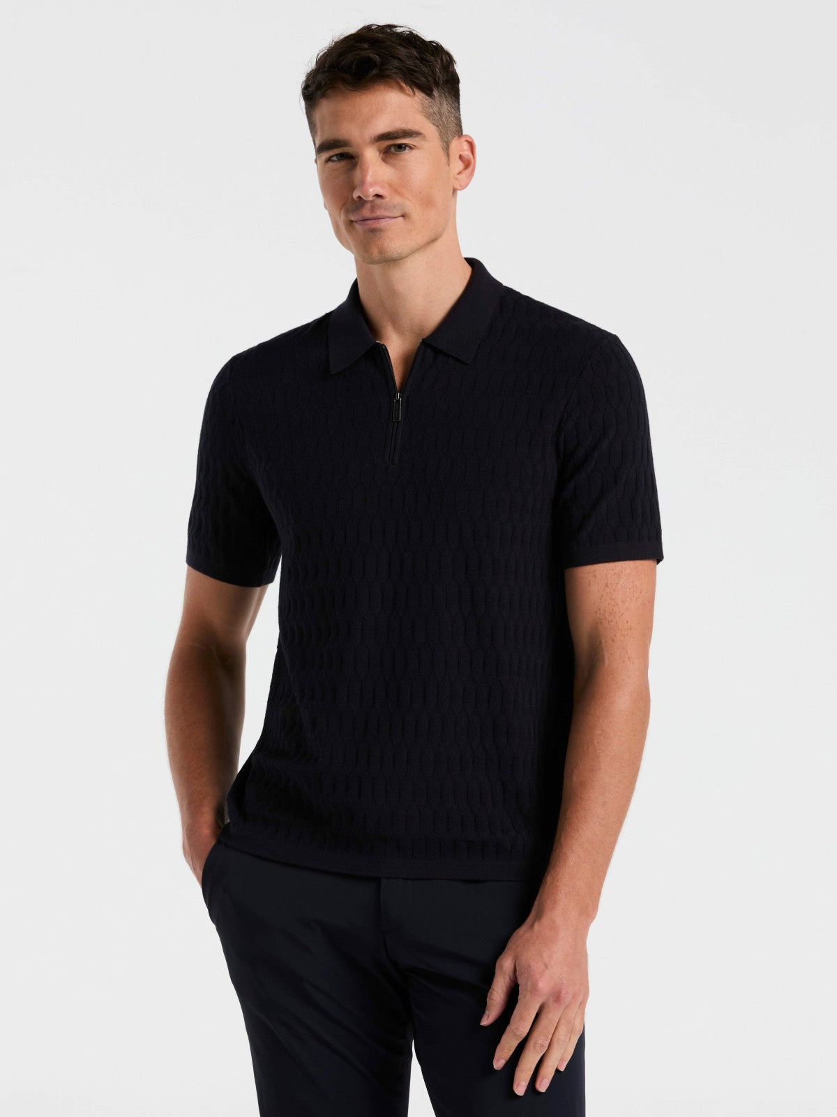 Perry Ellis Clothing Geometric Pattern Zip Polo Sweater