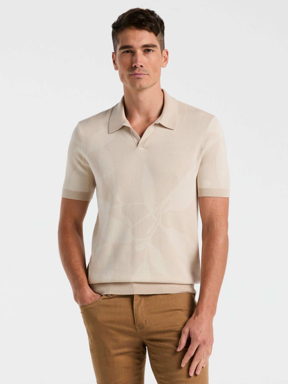 Perry Ellis Clothing Leaf Print Open Collar Sweater Polo