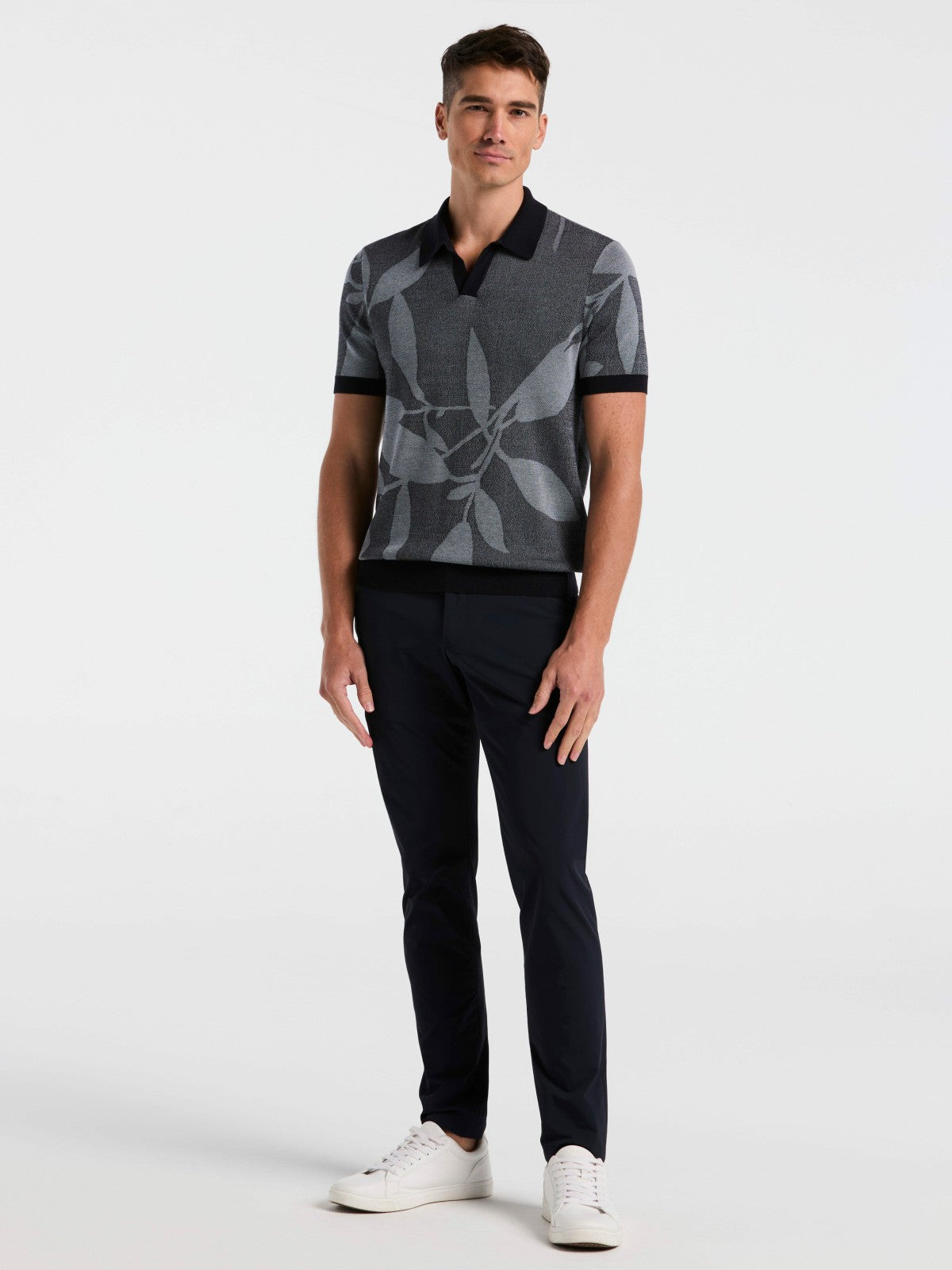 Perry Ellis Clothing Leaf Print Open Collar Sweater Polo