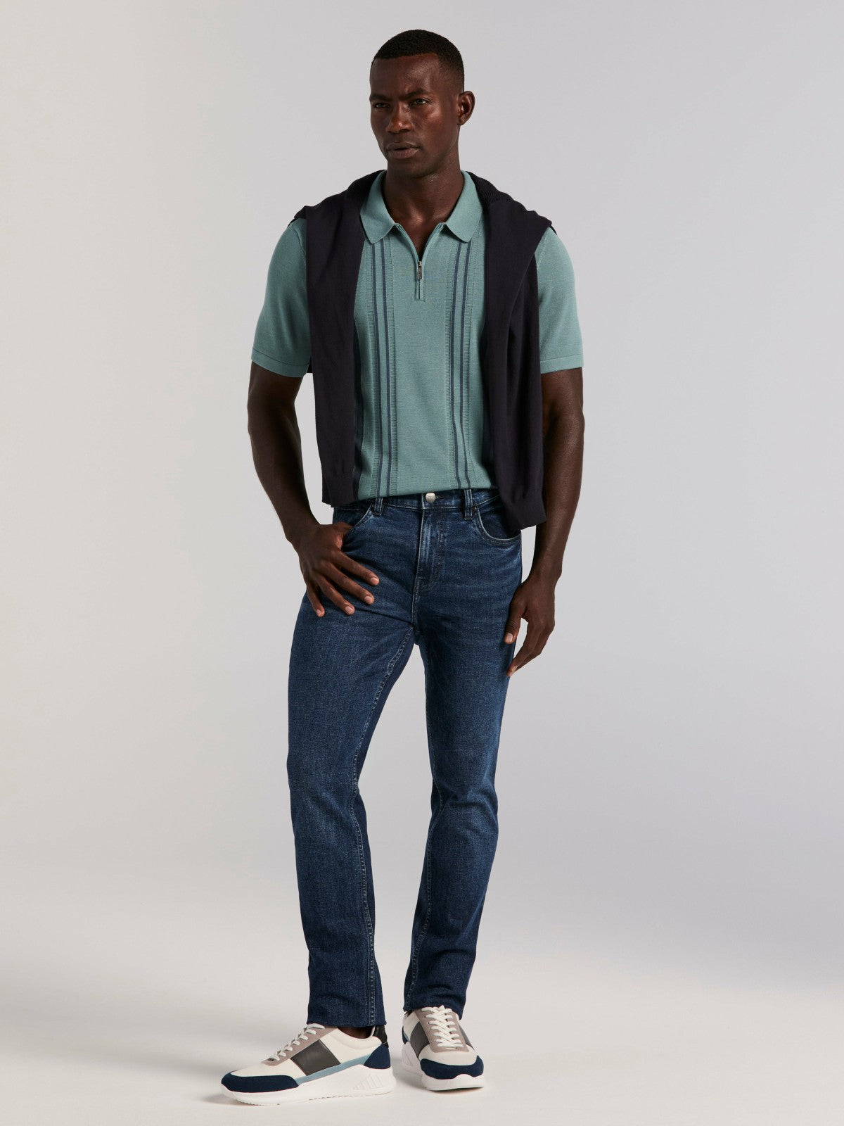 Perry Ellis Clothing Cotton Modal Striped Zip Sweater Polo