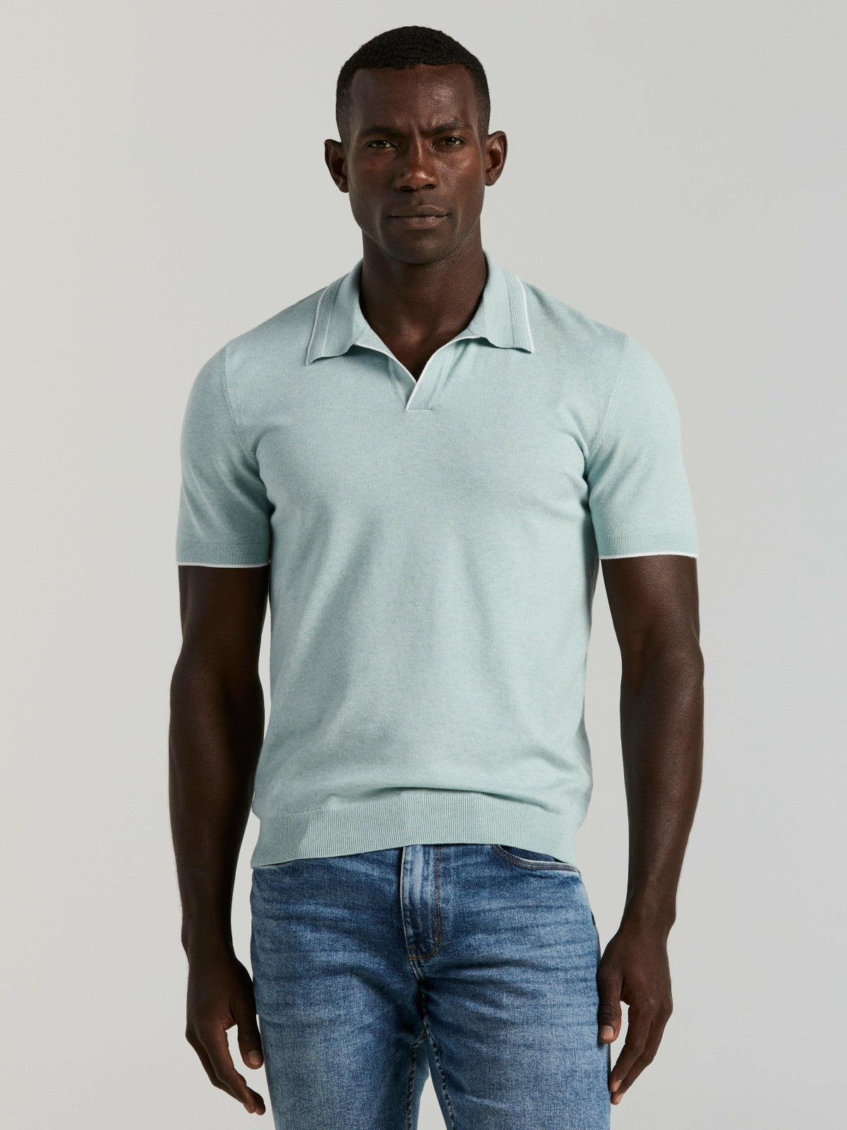 Perry Ellis Clothing Tech Knit Open Collar Tipped Sweater Polo