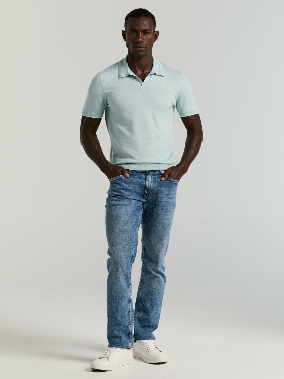 Perry Ellis Clothing Tech Knit Open Collar Tipped Sweater Polo