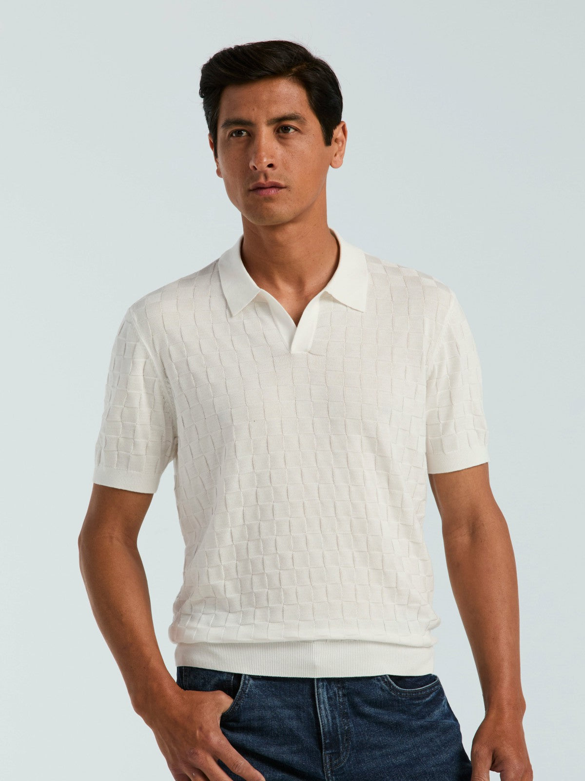 Perry Ellis Clothing Square Pattern Open Collar Polo