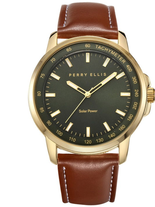 Perry Ellis Accessories Solar Powered Vegan Cognac Leather Watch