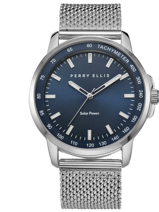 Perry Ellis Accessories Solar Powered Silver Stainless Steel Watch